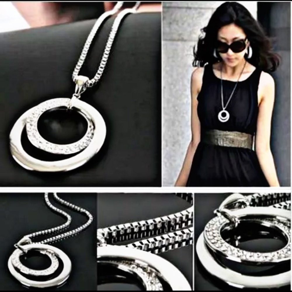 NEW SILVER-TONED CRYSTAL PENDANT LONG NECKLACE - Picture 5 of 8